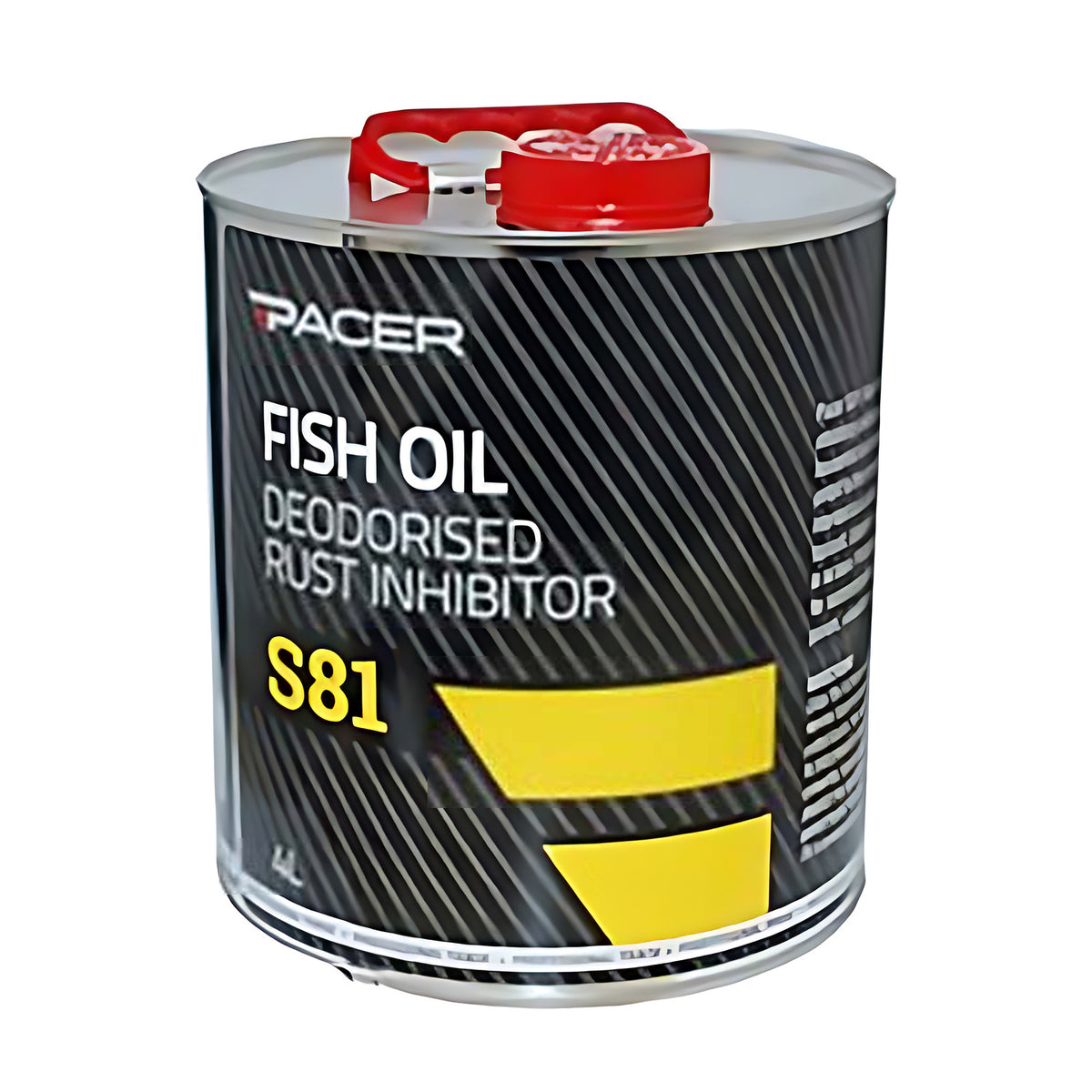Pacer S81 Fish Oil Deodorised Rust Inhibitor, larger black can with a red screw cap and yellow stripe