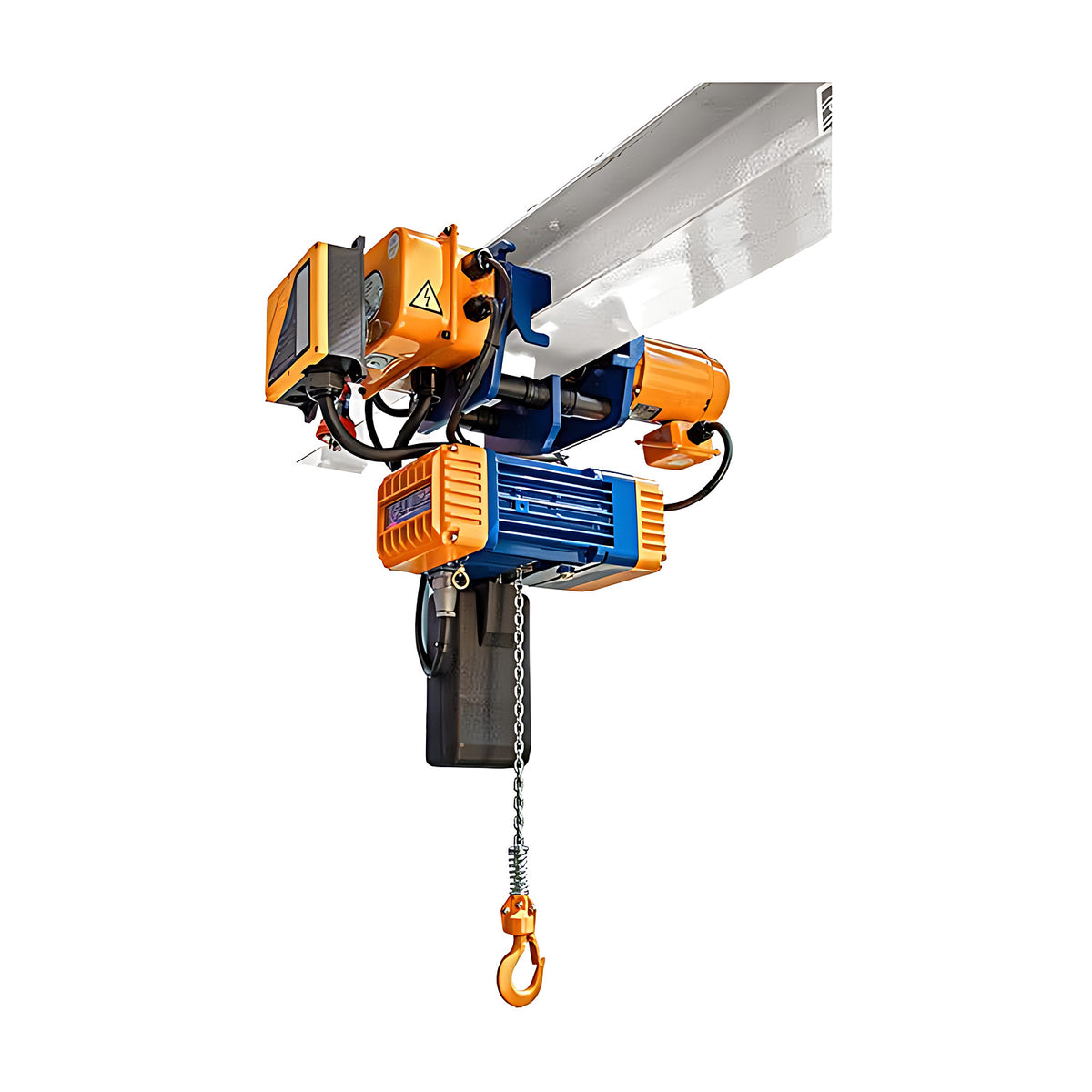 Pacific Porta Hoist single phase electric trolley and hoist mounted on a beam, with orange chain bag and hook
