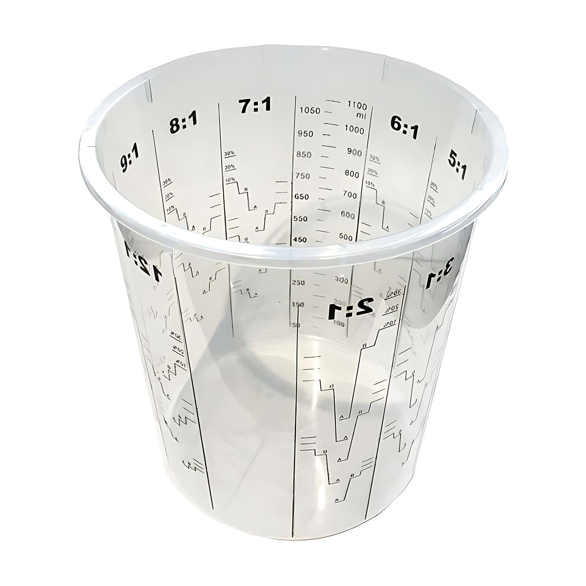 Clear plastic paint mixing cup with printed mixing ratios from 2:1 to 9:1 and millilitre graduations up to 1100ml