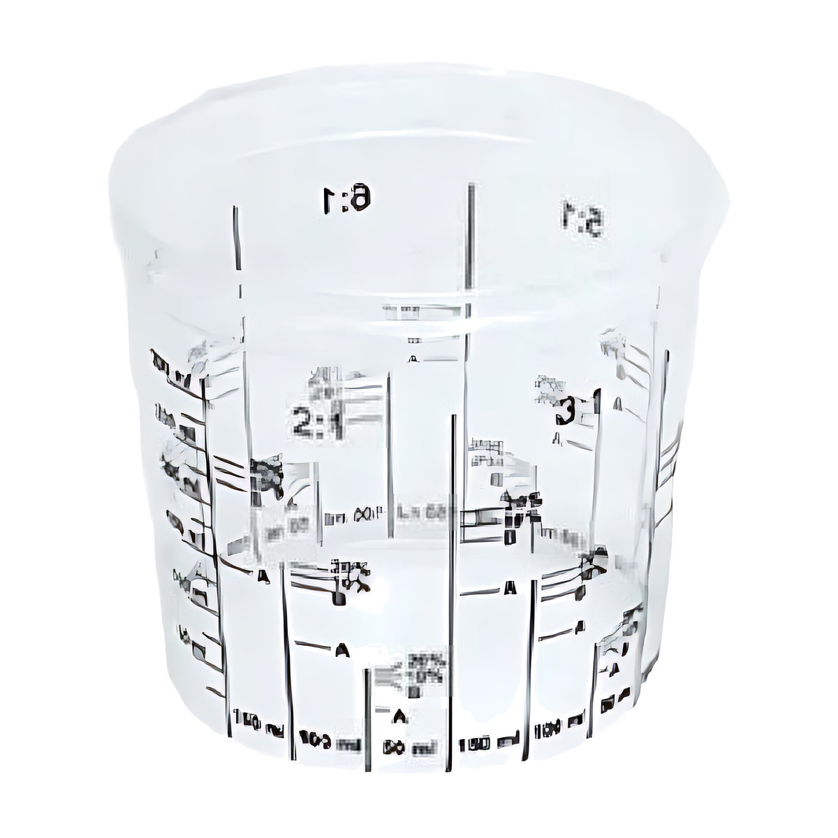 Smaller clear plastic paint mixing cup with printed mixing ratios and millilitre graduations, on white background