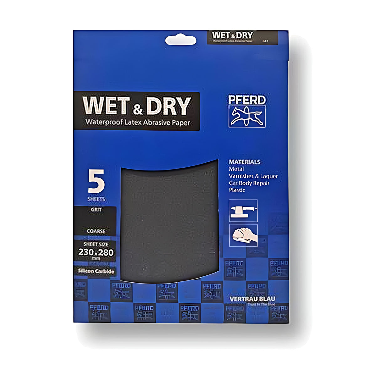 Pferd POS BP-W ECO PAINT wet and dry sanding pack, blue card with WET and DRY text, 5 sheets, 230 x 280 mm, black silicon carbide sheet