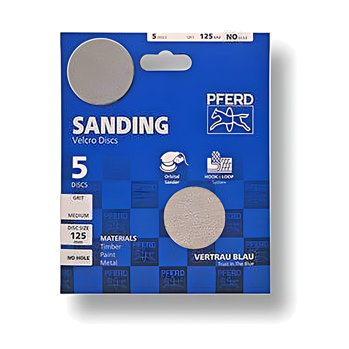Pferd 5-pack hook and loop sanding disc 125 mm no hole, small blue SANDING pack with a plain disc pictured