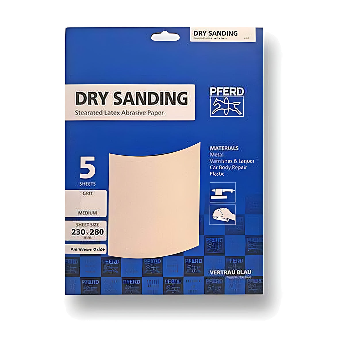 Pferd POS BP ECO AC dry sanding pack, blue card with DRY SANDING text, 5 sheets, 230 x 280 mm, beige aluminium oxide sheet