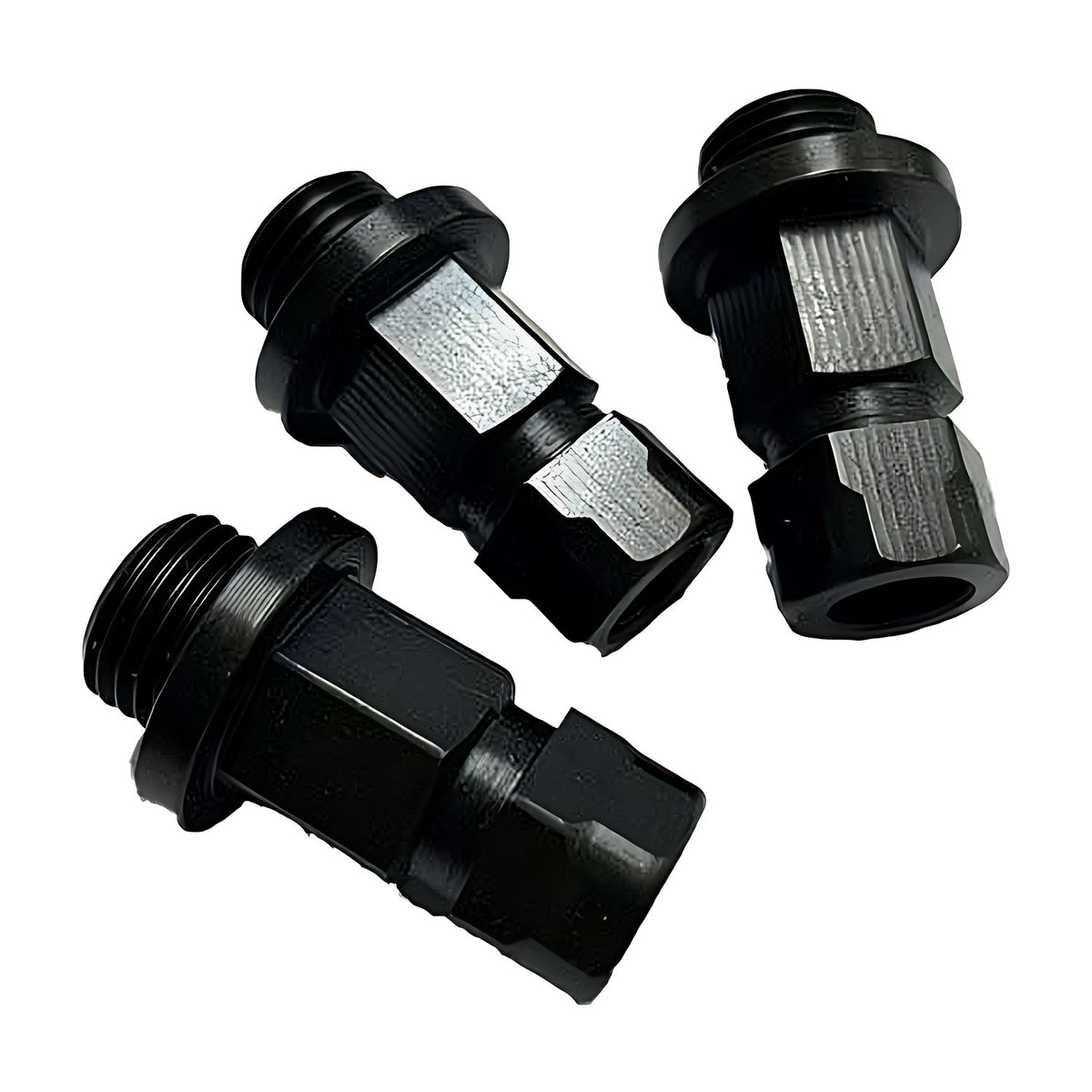 Pferd hole saw adaptors, three black adaptors with hexagonal threaded bodies and no flange plate, scattered on white