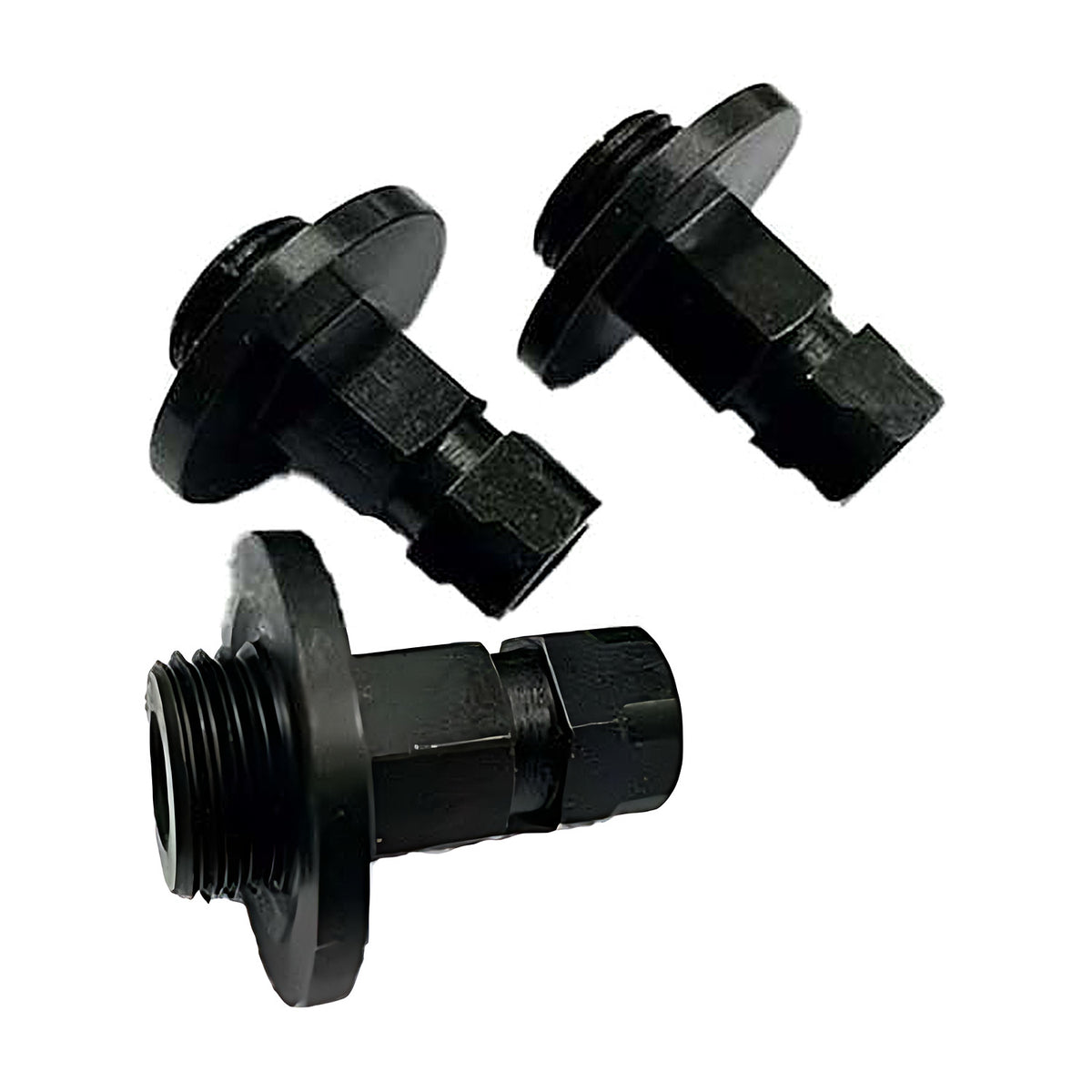 Pferd hole saw adaptors, three black adaptors with hexagonal threaded bodies and a round flange plate, scattered on white
