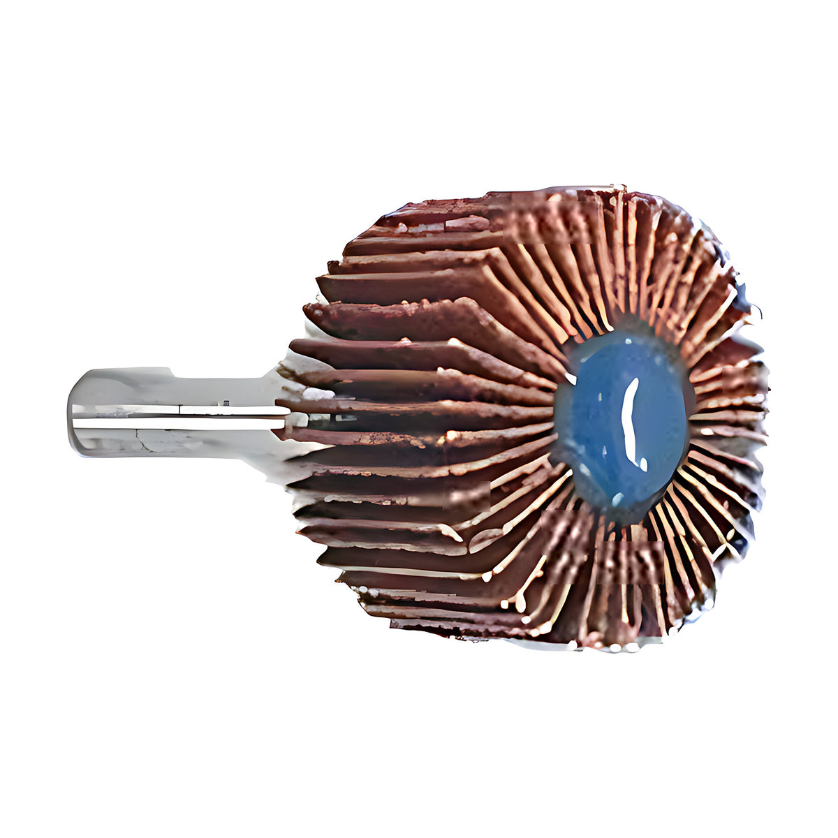 Pferd POS mounted flap wheel on a 6 mm steel shank, small brown-red flap head with a blue hub, single wheel on white