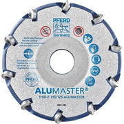 Pferd Alumaster HSD-F 115/125 high speed disc, silver and blue disc with PFERD Germany print, safety symbols and carbide inserts around the rim, front view