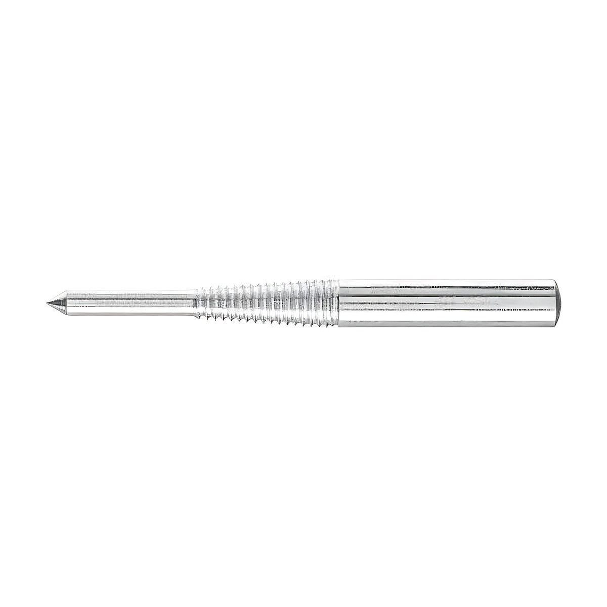 Pferd BO POLIROLL arbor, slim silver shank with a fine threaded section and pointed tip, side view