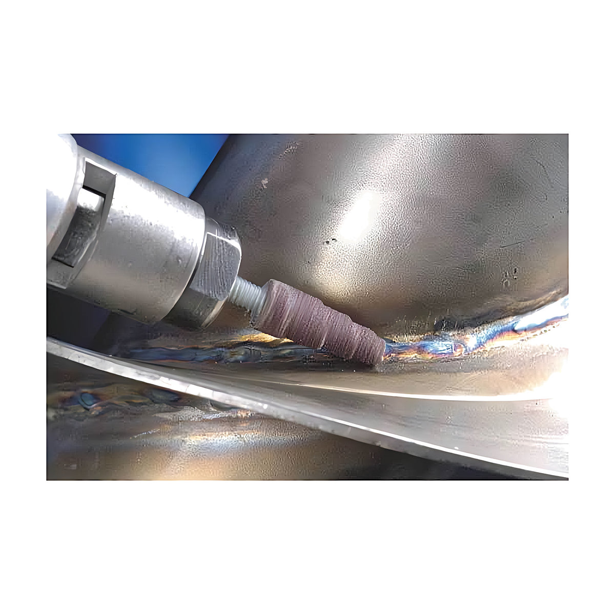 Pferd BO POLIROLL arbor with a brown cartridge roll in a die grinder, smoothing a weld seam inside a steel bowl, working shot