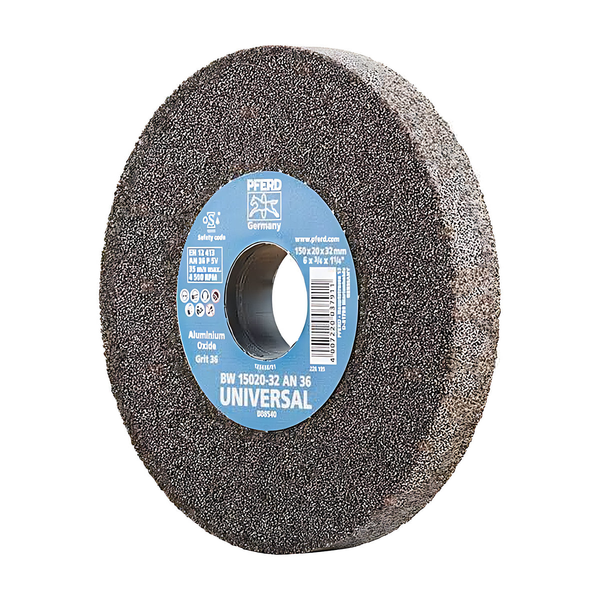 Pferd bench grinding wheel 150 x 20 mm, grit 36, brown wheel with a blue UNIVERSAL label and an open bore