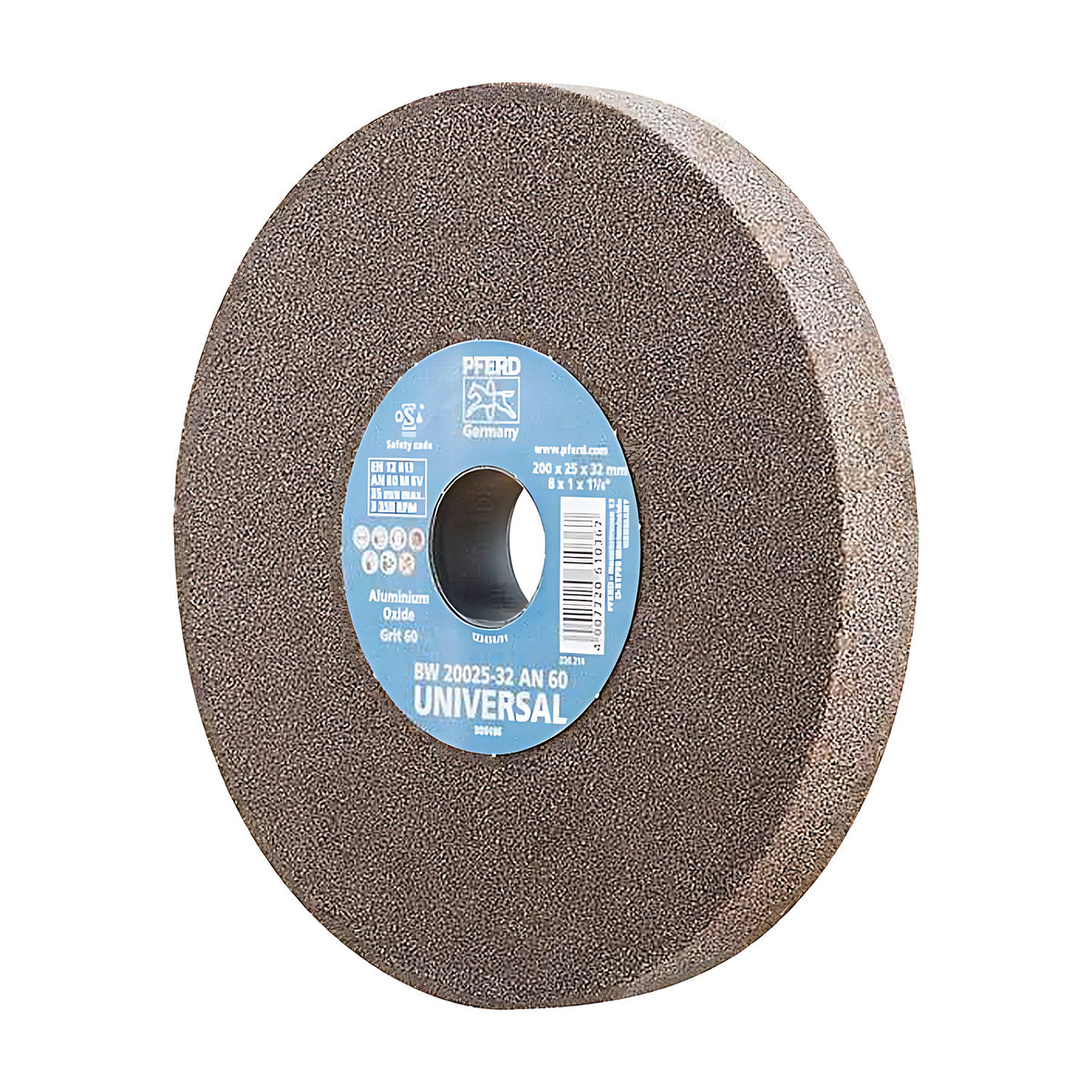 Pferd bench grinding wheel 200 x 25 mm, grit 60, tan-brown wheel with a blue UNIVERSAL AN 60 label and an open bore