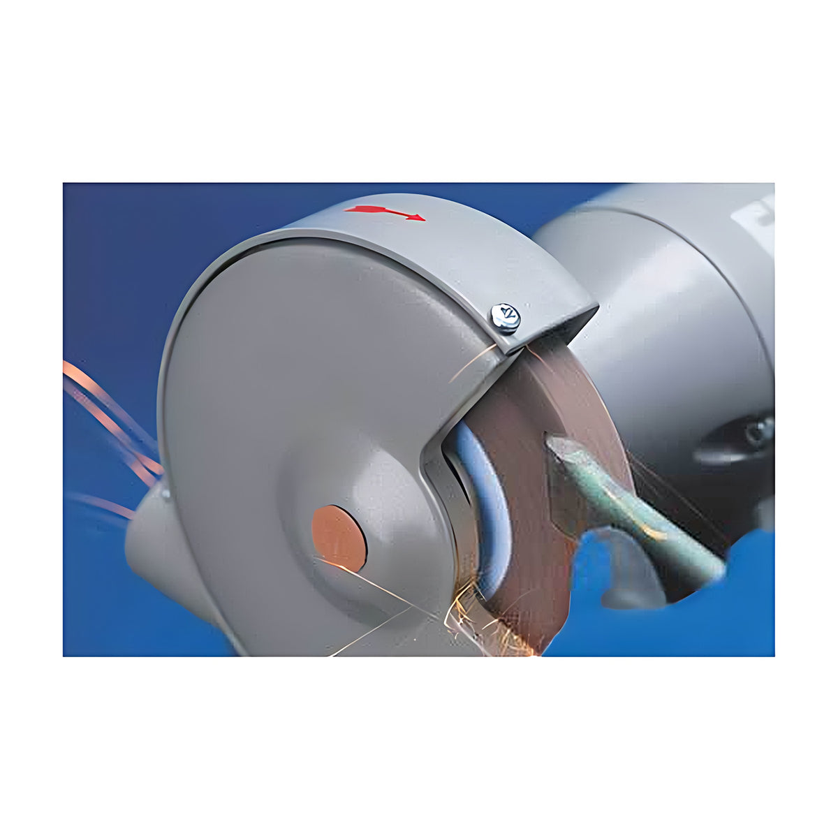 Pferd Bench Grinding Wheel Aluminium Oxide Universal, bench grinder with a grey guard and wheel sharpening a metal tool, orange sparks at the contact point, blue background