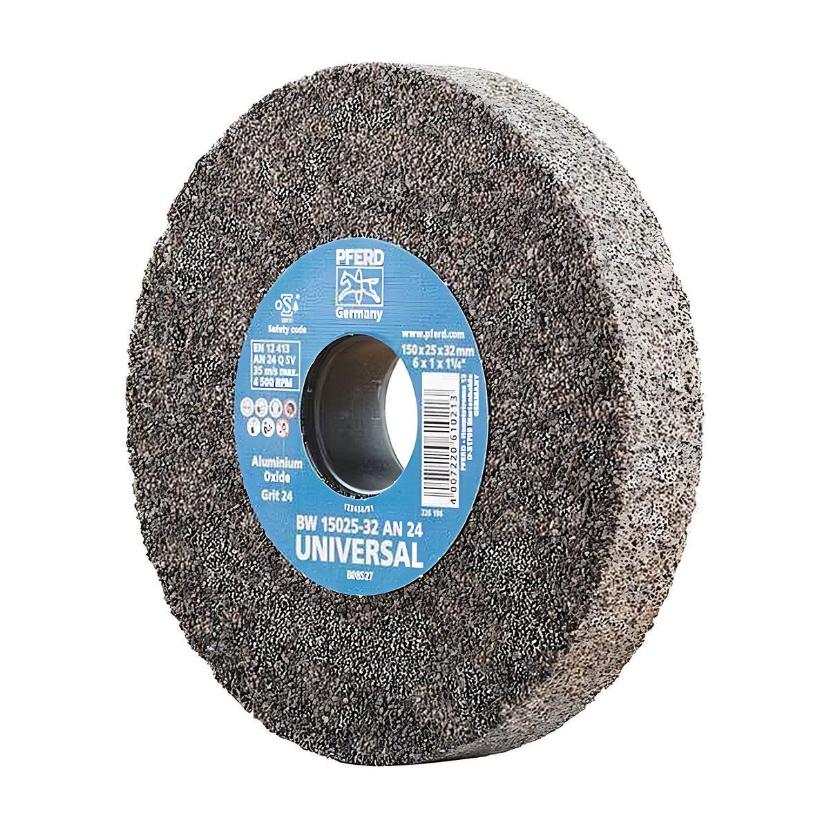Pferd bench grinding wheel 150 x 25 mm, grit 24, grey-brown wheel with a blue UNIVERSAL AN 24 label and open bore