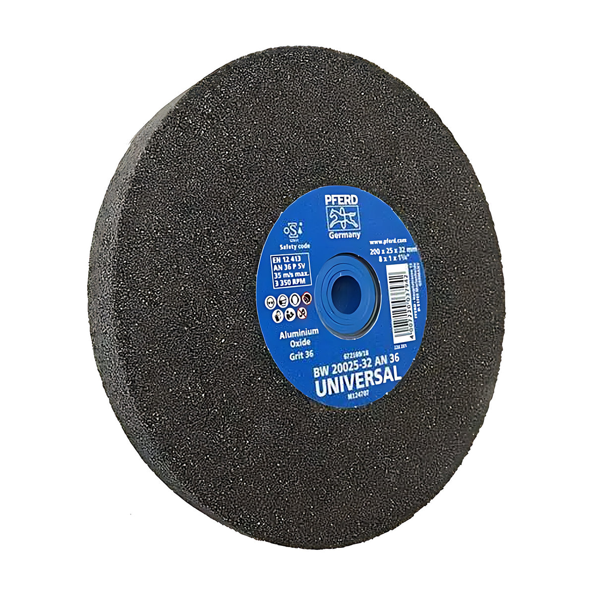 Pferd bench grinding wheel 200 x 25 mm, grit 36, dark wheel with a blue UNIVERSAL label and a blue bush in the bore