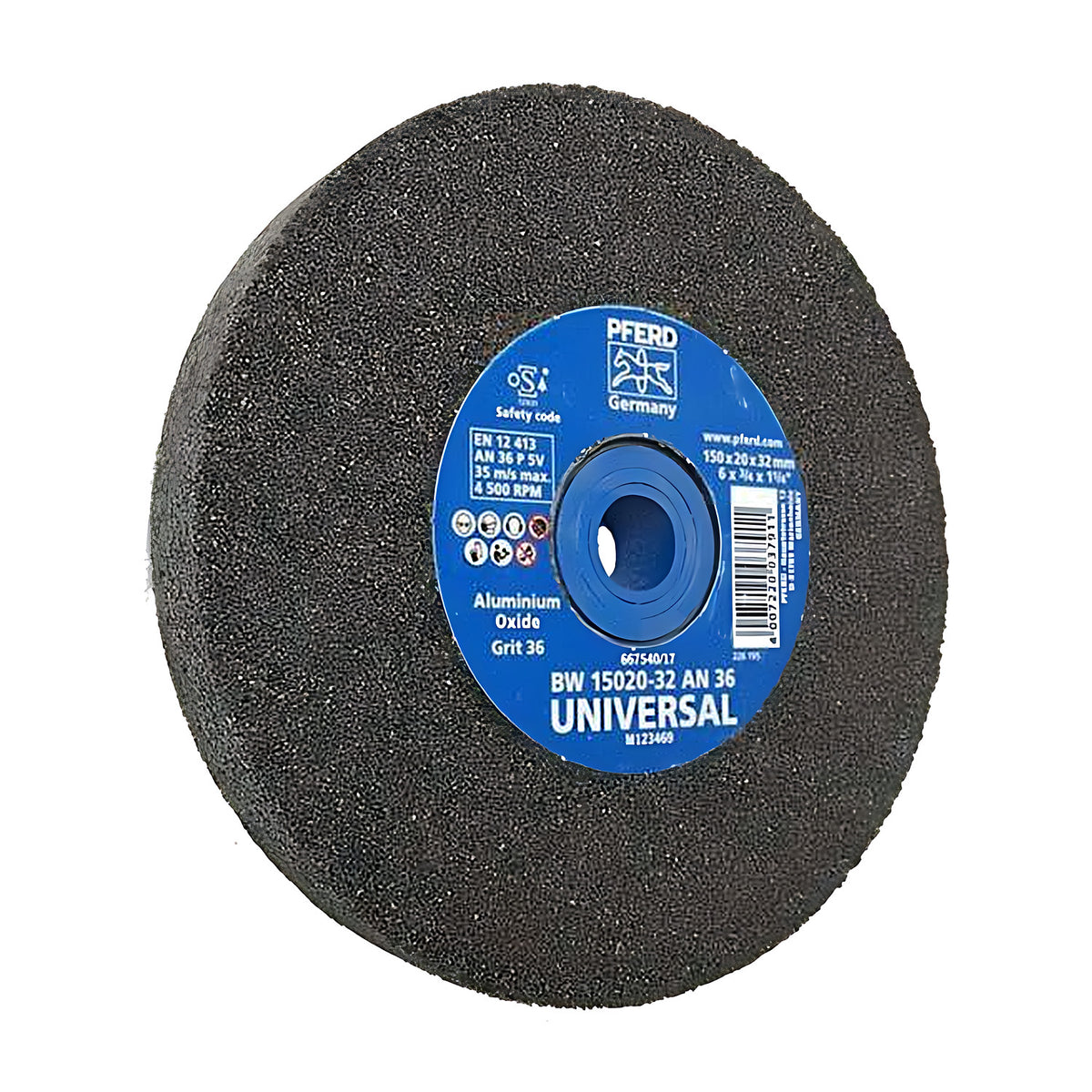 Pferd bench grinding wheel 150 x 20 mm, grit 36, dark wheel with a blue UNIVERSAL label and a blue bush in the bore