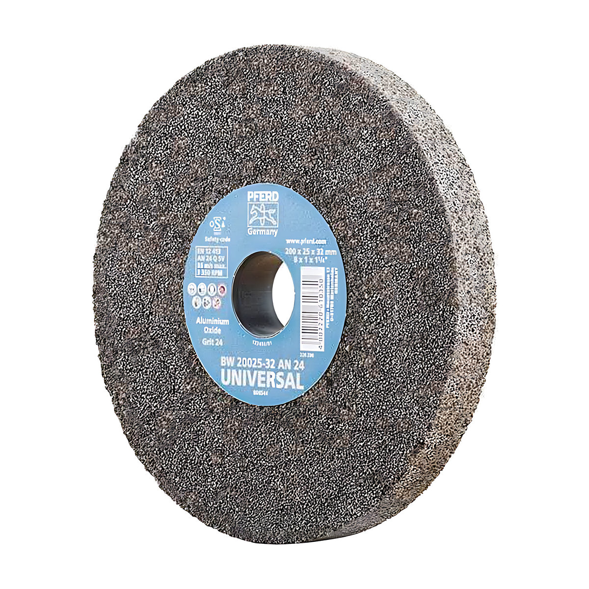 Pferd bench grinding wheel 200 x 25 mm, grit 24, speckled brown wheel with a blue UNIVERSAL label and an open bore