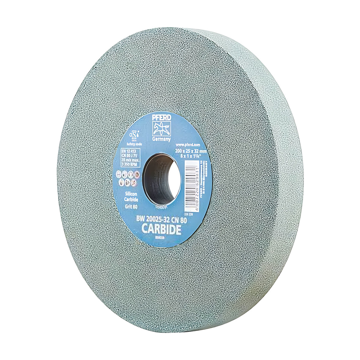 Pferd silicon carbide bench grinding wheel 200 x 25 mm, grit 80, pale green-grey wheel with a blue CARBIDE label