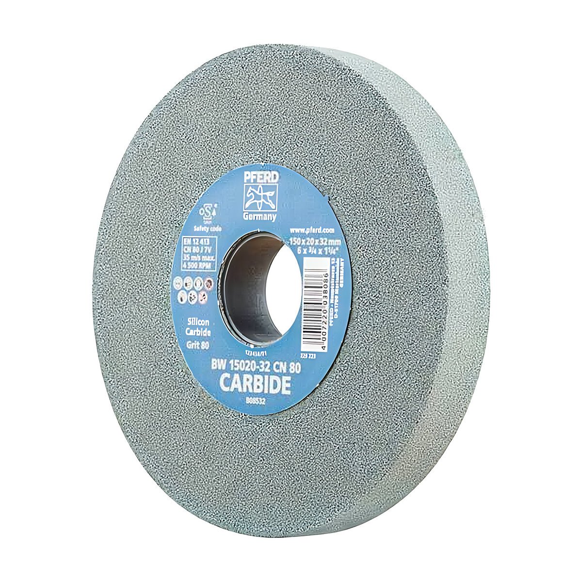 Pferd silicon carbide bench grinding wheel 150 x 20 mm, grit 80, pale green-grey wheel with a blue CARBIDE label