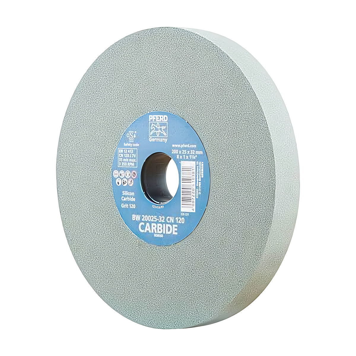 Pferd silicon carbide bench grinding wheel 200 x 25 mm, grit 120, light green-grey wheel with a blue CARBIDE label