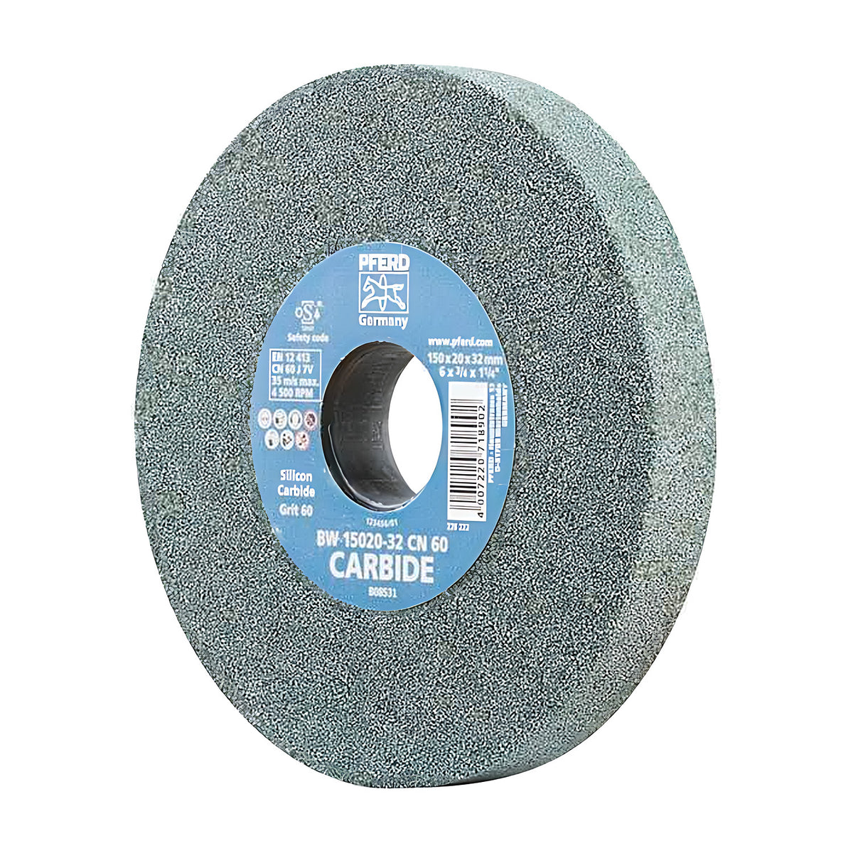 Pferd silicon carbide bench grinding wheel 150 x 20 mm, grit 60, pale green-grey wheel with a blue CARBIDE label