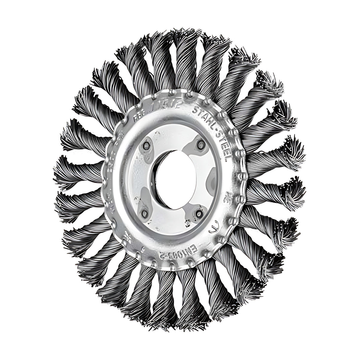 Pferd universal knotted wheel brush RBG, twisted steel wire knots around a silver centre ring marked STAHL-STEEL