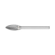 Pferd flame shape burr B Cut 5 3 mm shank, pointed flame head with long flutes on a thin shank, side view