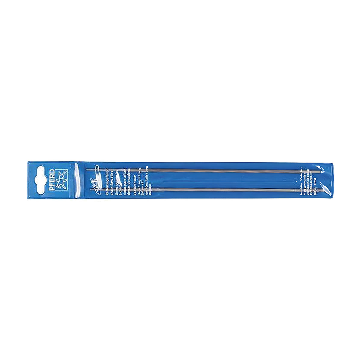 Pferd 4122 SK chain saw file skin pack, two round files in a blue plastic pouch with a PFERD label
