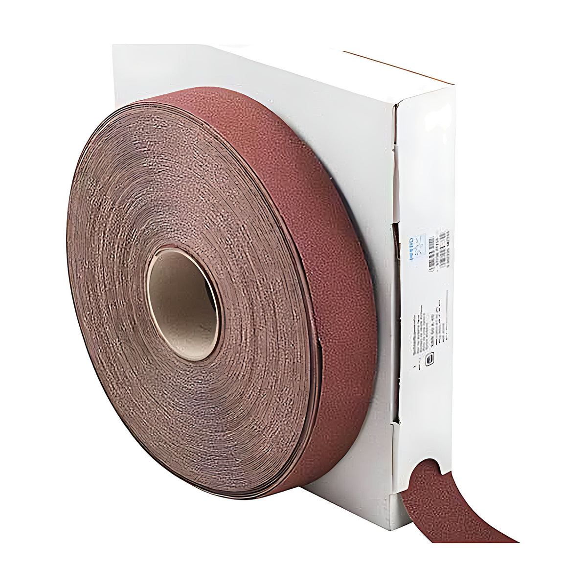 Pferd SBR 50 A cloth-backed abrasive roll, full dark red-brown roll in a white dispenser box with the end strip hanging out, angled view from the left