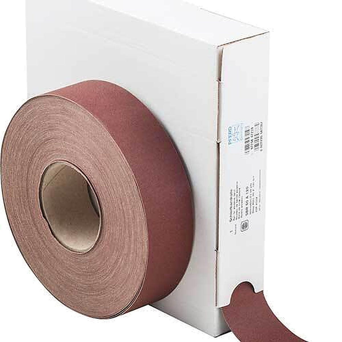 Pferd SBR 50 A cloth-backed abrasive roll, smooth brown roll with a large cardboard core in a white dispenser box, strip pulled out at the bottom