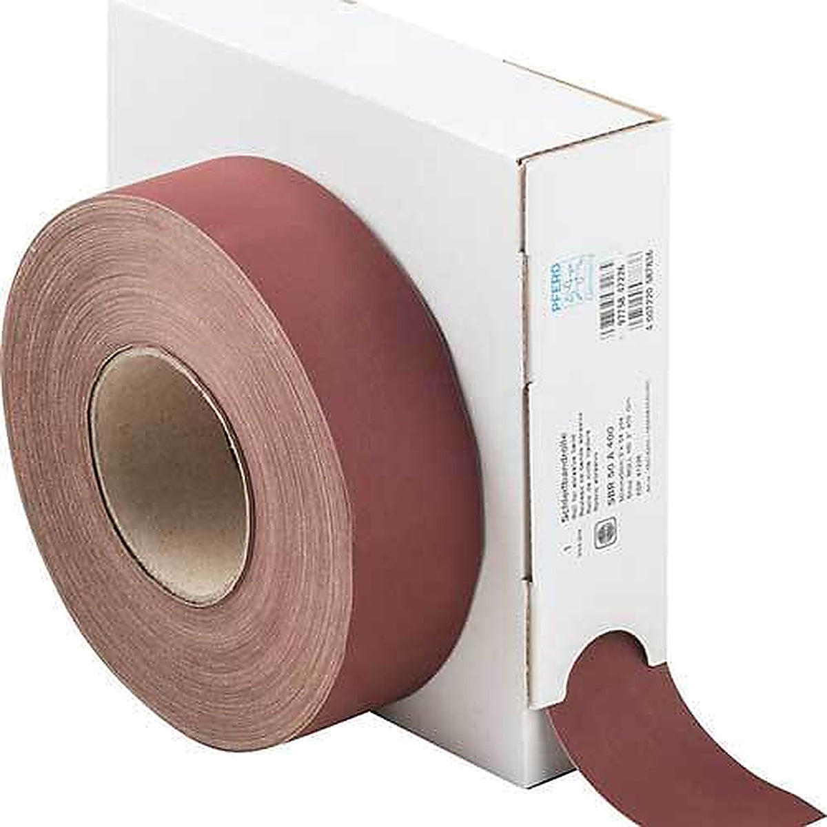 Pferd SBR 50 A cloth-backed abrasive roll, brown roll with a medium cardboard core in a white dispenser box, end strip curled at the bottom