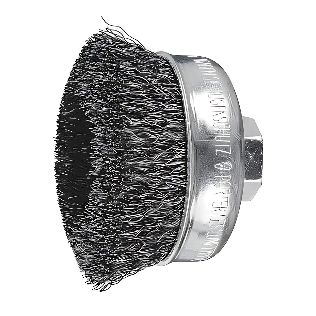 Pferd TBU crimped cup brush, steel wire 0.30 mm, M14 thread, close-up of black crimped wire with silver cup and hex nut, side view