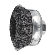 Pferd TBU crimped cup brush, steel wire 0.30 mm, M14 thread, close-up of black crimped wire with silver cup and hex nut, side view