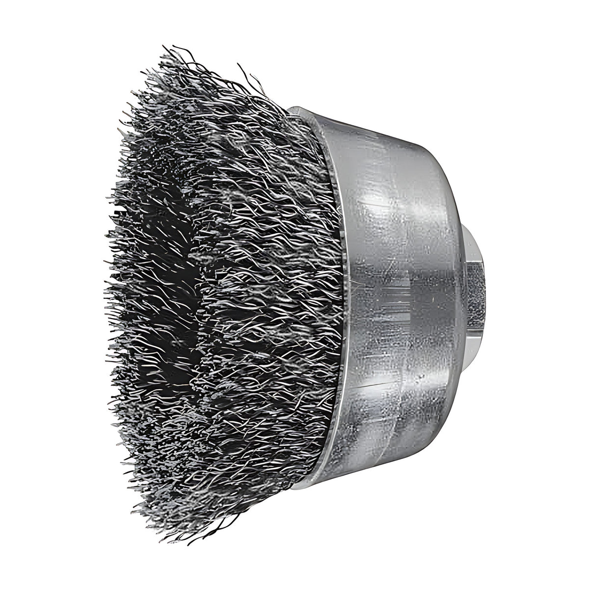 Pferd TBU crimped cup brush, steel wire 0.30 mm, M14 thread, larger cup with dense crimped wire and hex nut, angled view