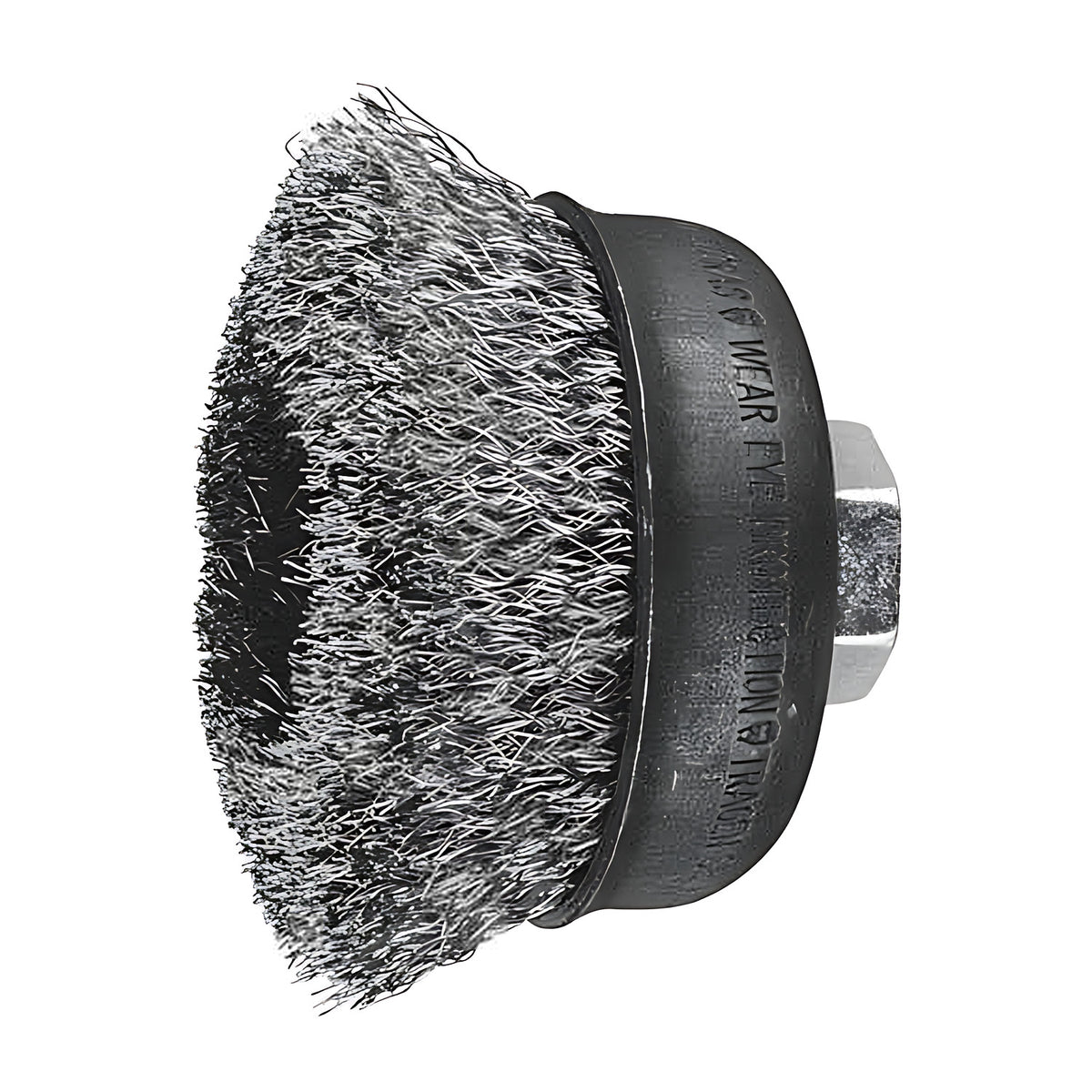 Pferd TBU crimped cup brush, stainless steel wire 0.30 mm, M14 thread, bright wire in a black painted cup with hex nut, angled view