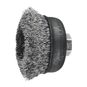 Pferd TBU crimped cup brush, stainless steel wire 0.30 mm, M14 thread, bright wire in a black painted cup with hex nut, angled view