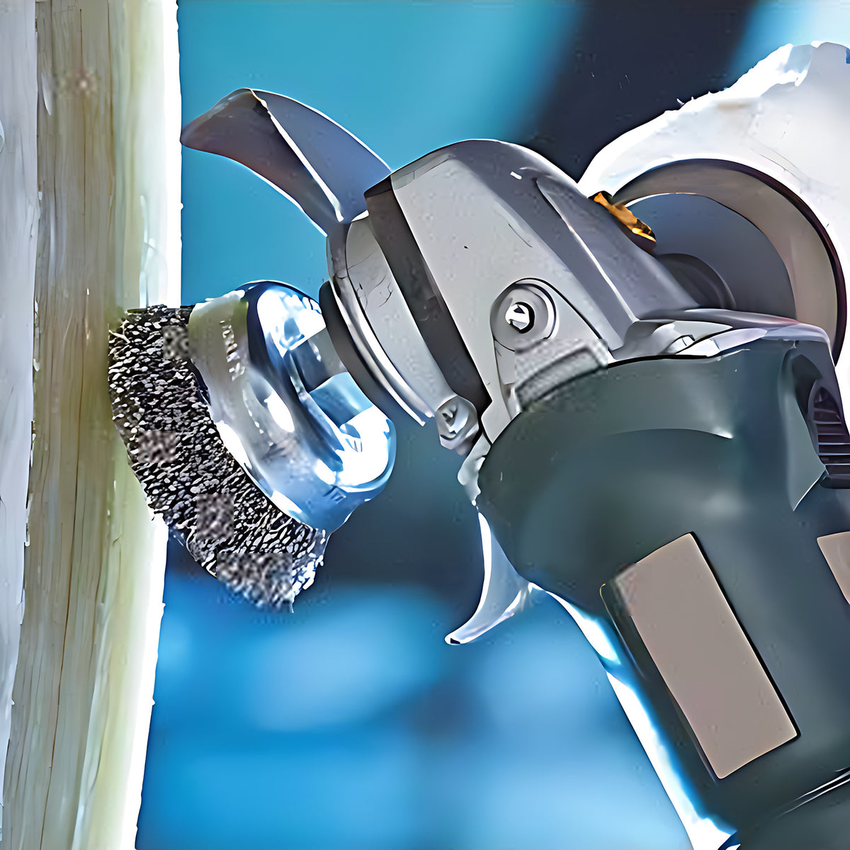 Pferd TBU stainless steel crimped cup brush on a green angle grinder, brushing a pale wall surface, side working shot