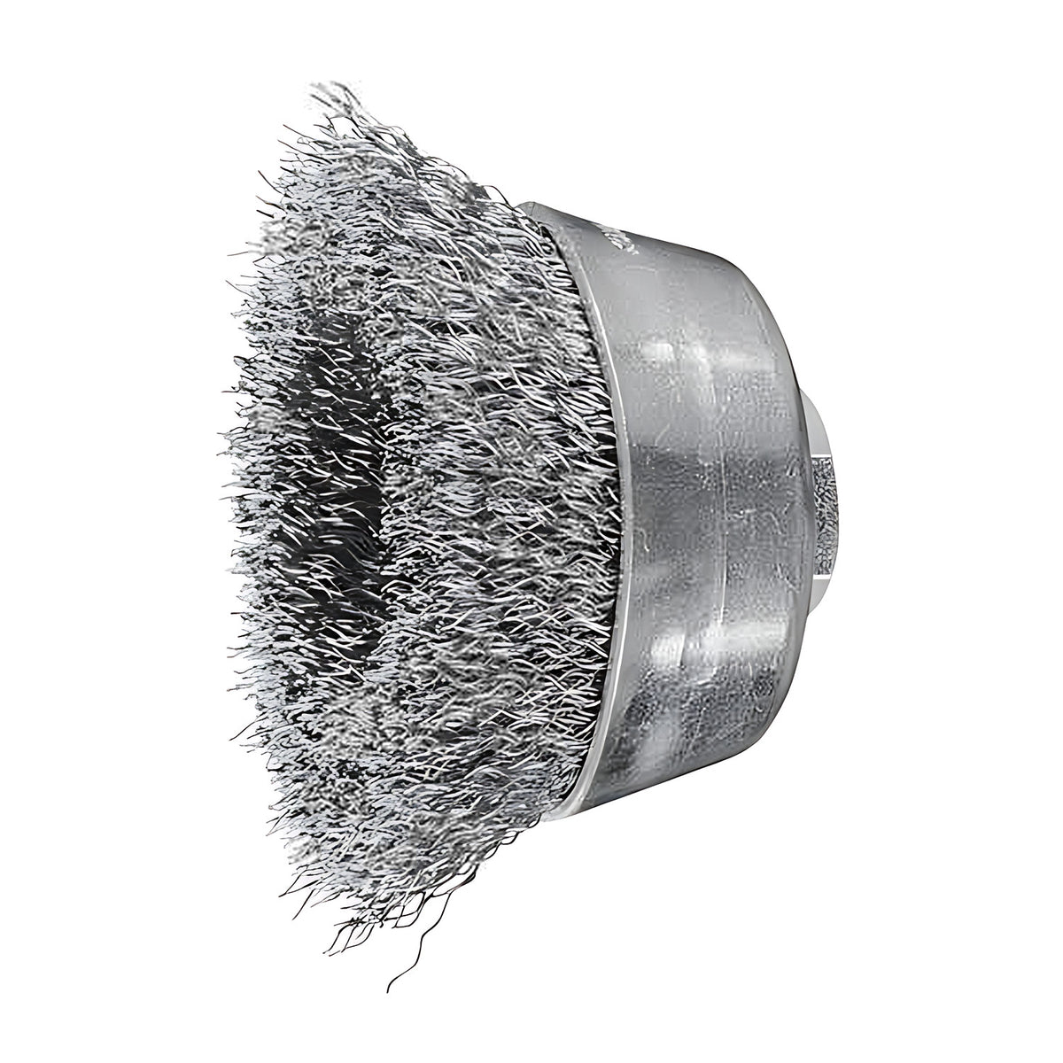 Pferd TBU crimped cup brush, stainless steel wire 0.30 mm, M14 thread, bright wire in a plain silver cup, smaller brush, angled view