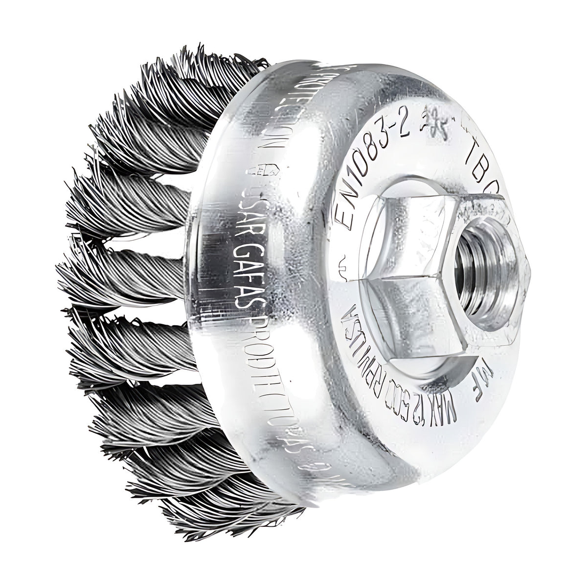 Pferd universal TBG knotted cup brush, steel wire, M14 thread, 100 mm and 125 mm range, silver cup with hex nut, angled view