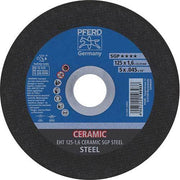 Pferd EHT 125-1,6 CERAMIC SGP steel flat cut-off wheel, 125 x 1.6 mm, black disc with blue PFERD label and CERAMIC STEEL text