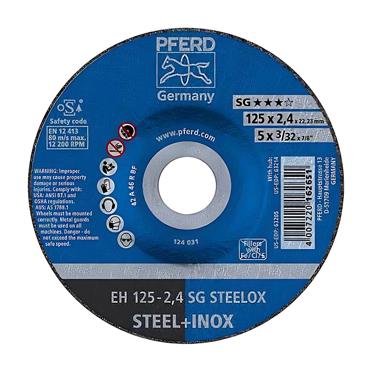 Pferd EH 125-2,4 SG STEELOX depressed-centre cut-off wheel, 125 x 2.4 mm, blue disc face with grey SG band and STEEL+INOX text
