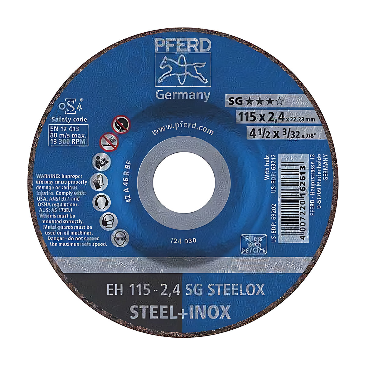 Pferd EH 115-2,4 SG STEELOX depressed-centre cut-off wheel, 115 x 2.4 mm, blue disc face with grey SG band and STEEL+INOX text