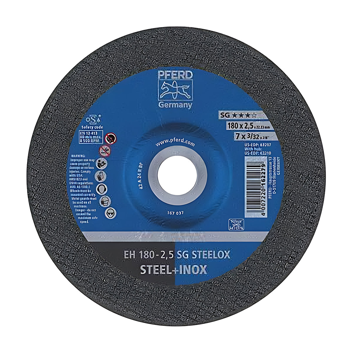 Pferd EH 180-2,5 SG STEELOX depressed-centre cut-off wheel, 180 x 2.5 mm, black mesh-edged disc with blue label and STEEL+INOX text
