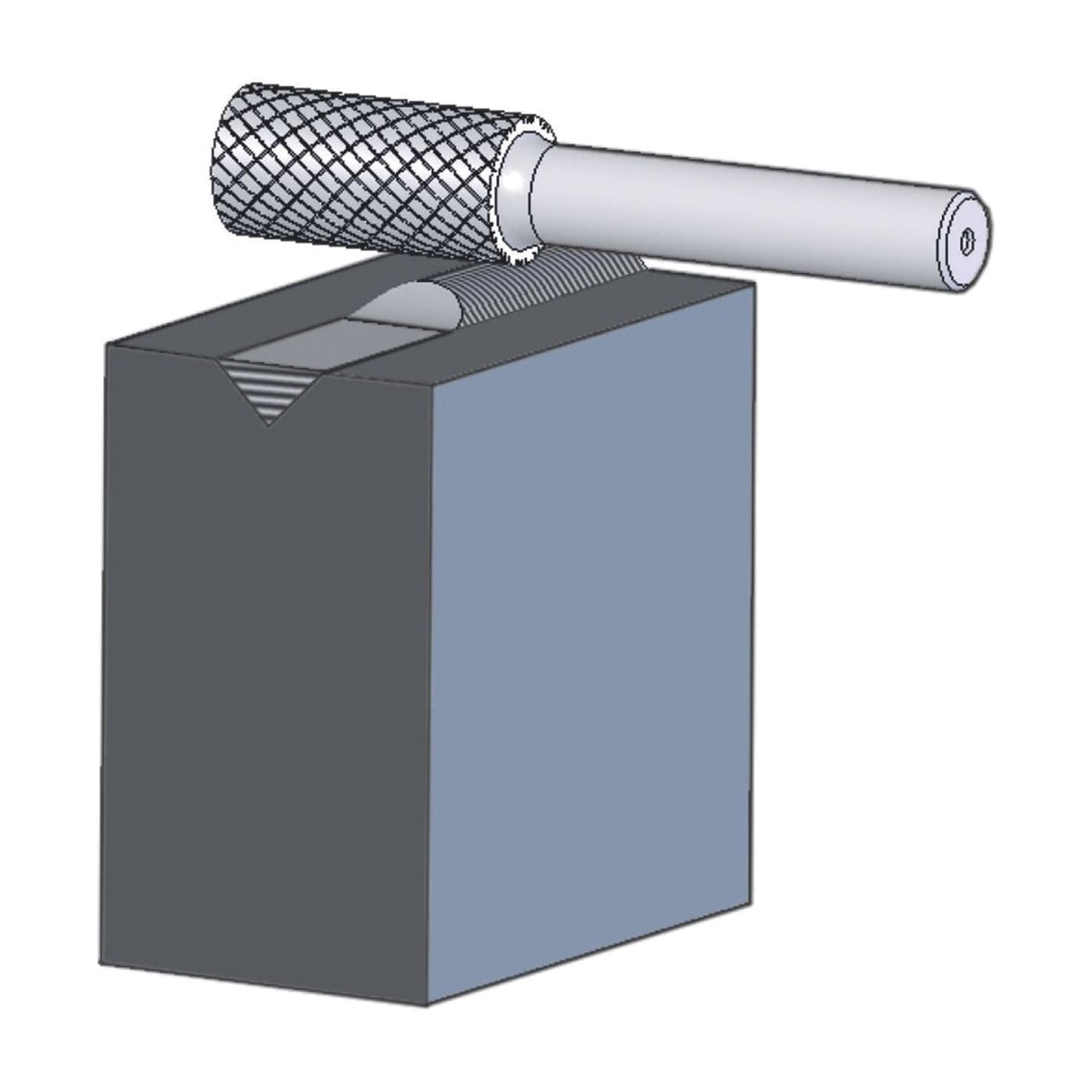Pferd ZYA cylindrical burr C3 Plus 15.9 x 25.4 mm, illustration of the cylinder head cutting a slot across the top of a block