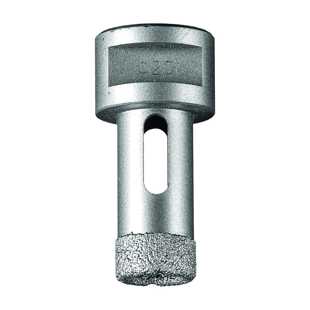 Pferd DCD dry diamond core drill bit for tiles, 20 mm size marked on the body, slim silver bit with slotted shank and diamond rim, M14 thread
