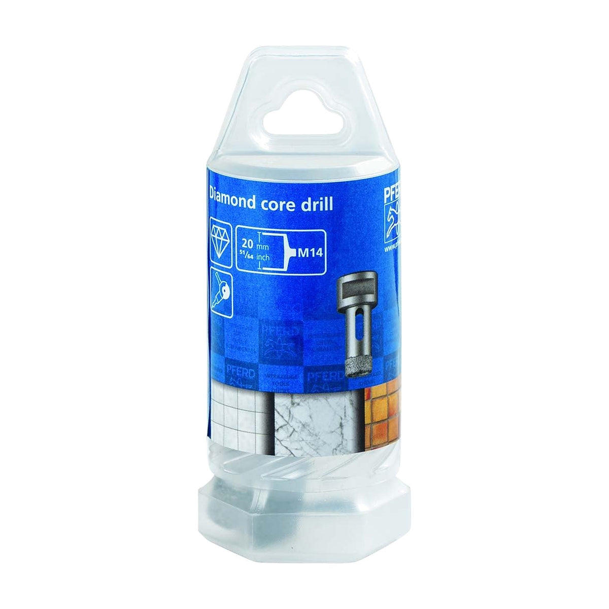 Pferd DCD dry diamond core drill bit for tiles, M14 thread, in a clear tube pack with a blue label and tile samples printed on it