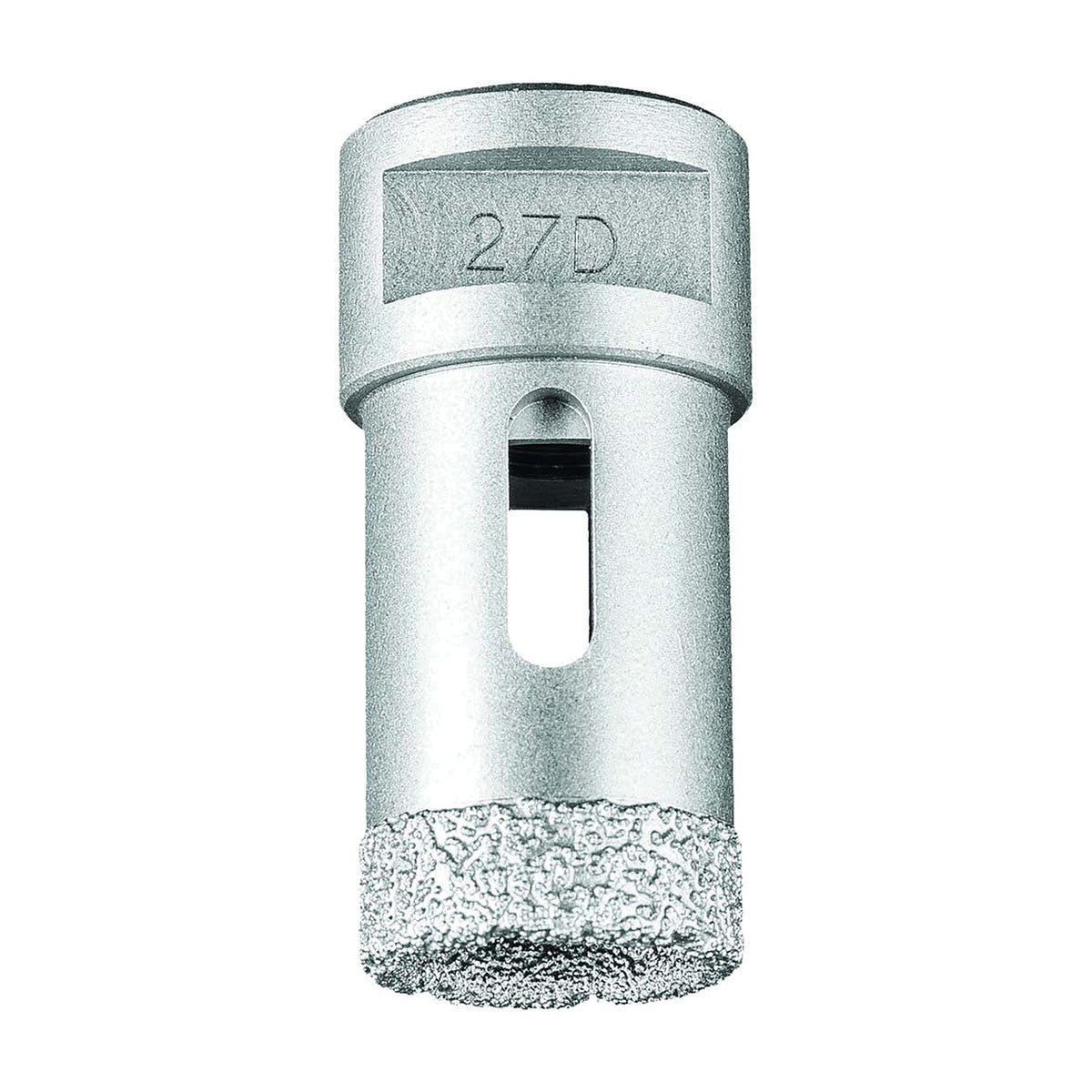 Pferd DCD dry diamond core drill bit for tiles, 27D size marked on the body, silver bit with slotted shank and diamond rim, side view