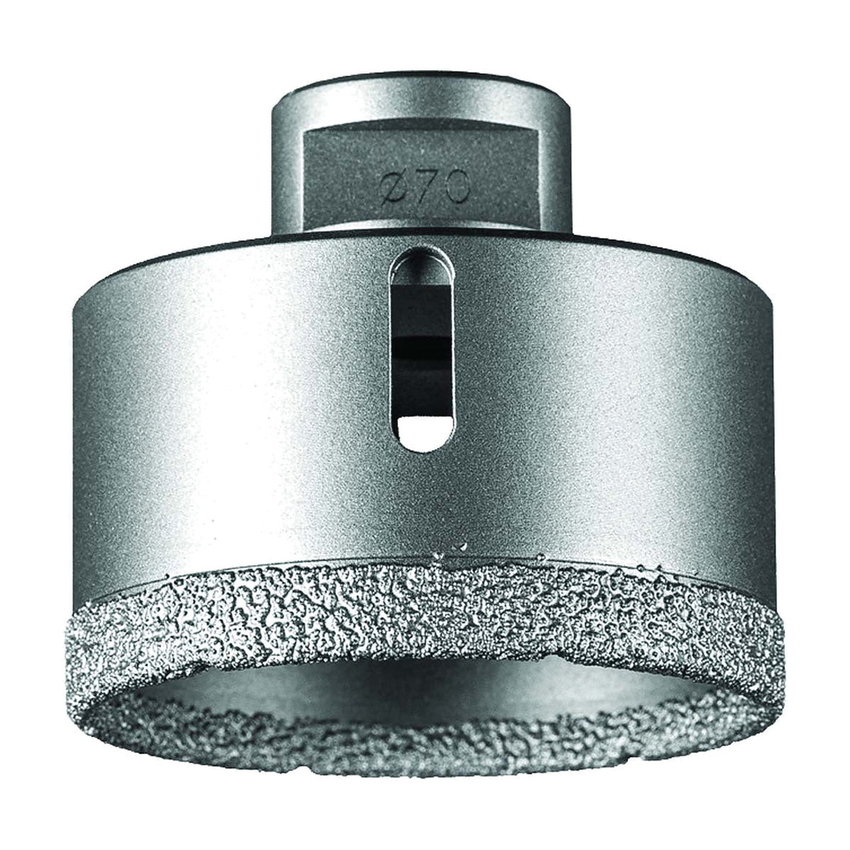 Pferd DCD dry diamond core drill bit for tiles, 70 mm size marked on the body, largest silver bit with dark body and diamond rim