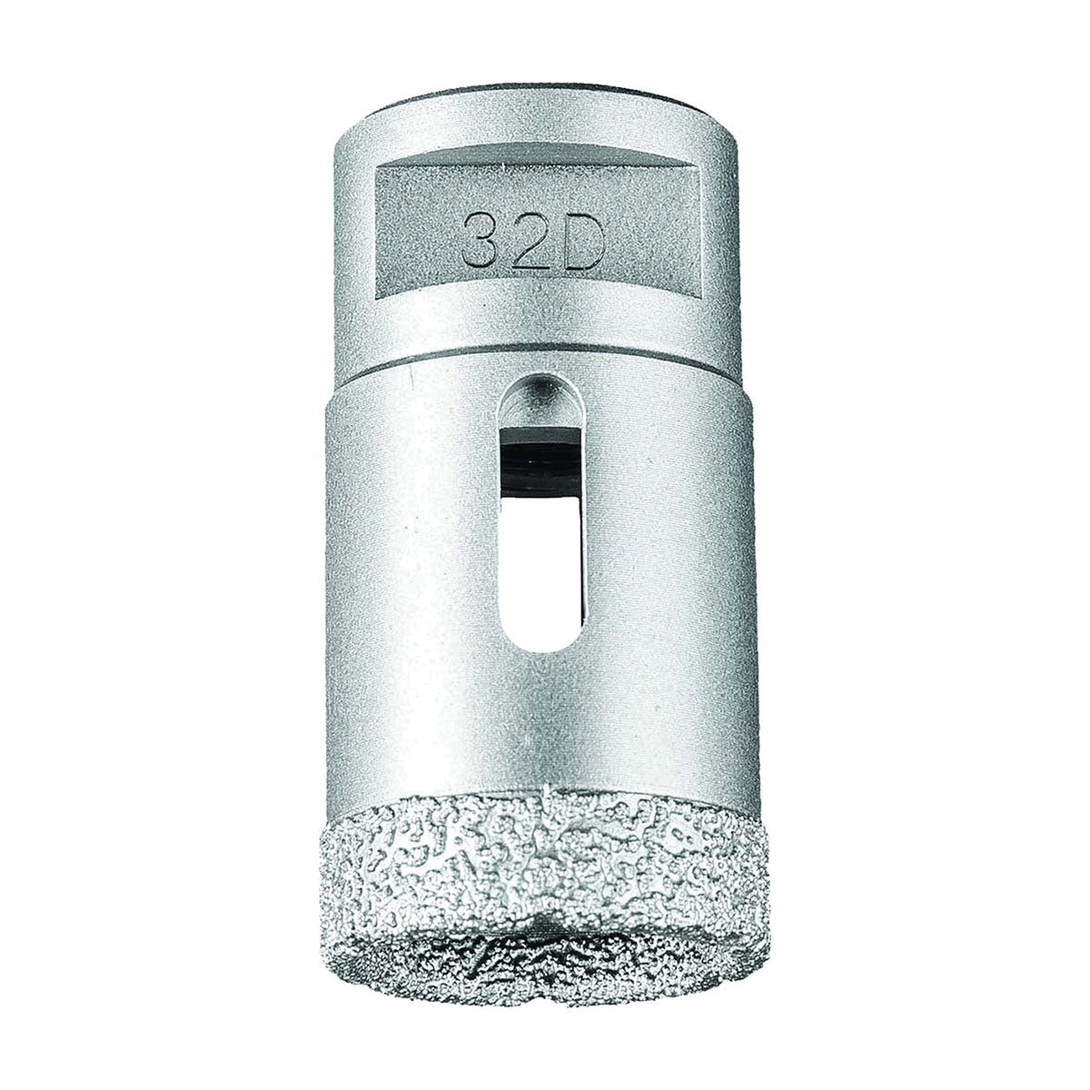 Pferd DCD dry diamond core drill bit for tiles, 32D size marked on the body, silver bit with slotted body and diamond rim, side view
