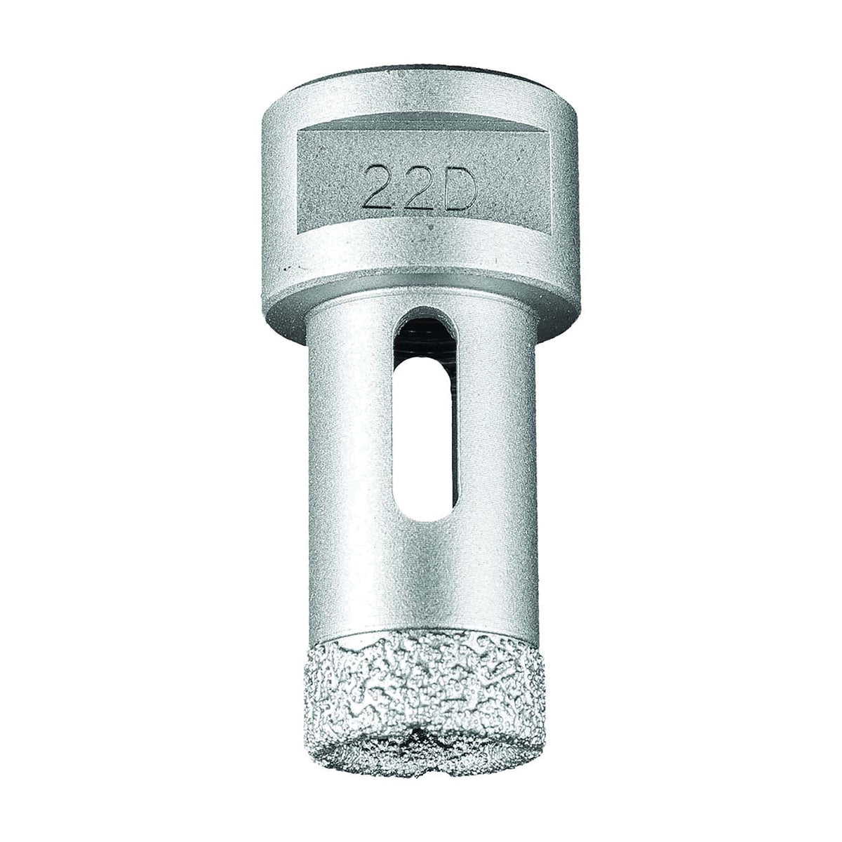 Pferd DCD dry diamond core drill bit for tiles, 22D size marked on the body, silver bit with slotted shank and diamond rim, side view
