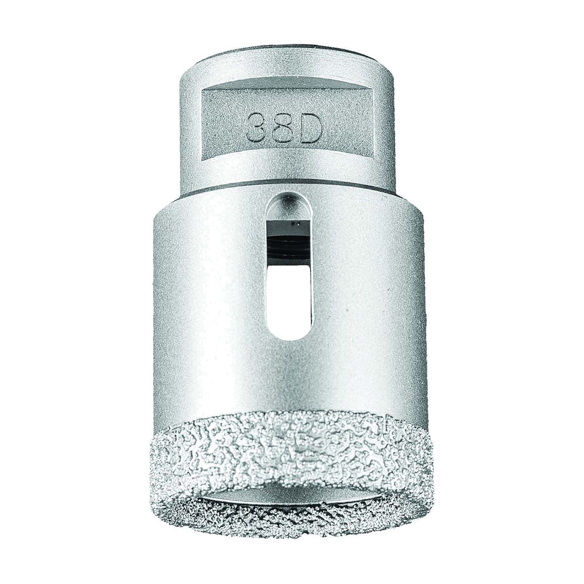 Pferd DCD dry diamond core drill bit for tiles, 38D size marked on the body, silver bit with slotted body and diamond rim, side view